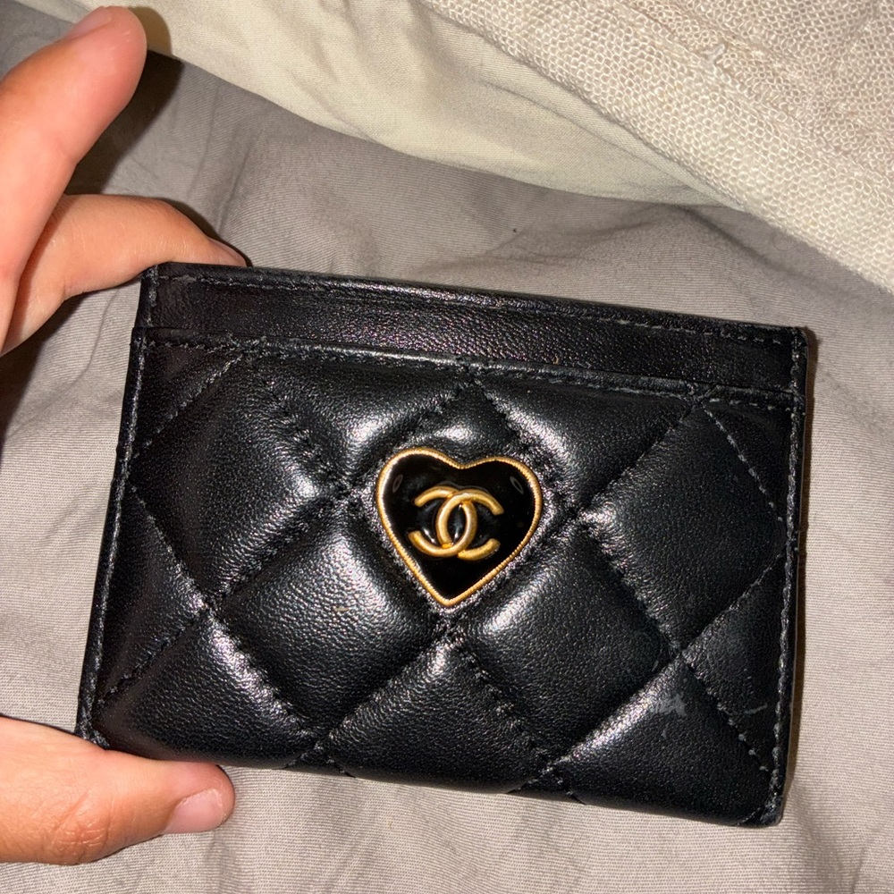 Chanel Black Quilted Card Holder with Gold Logo